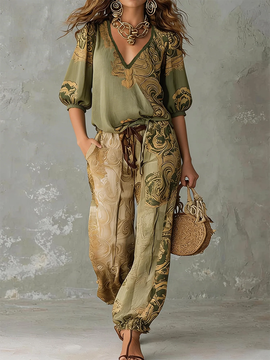 Women's Matching Set Linen Retro Printed V Neck Half Sleeve Everyday Casual
