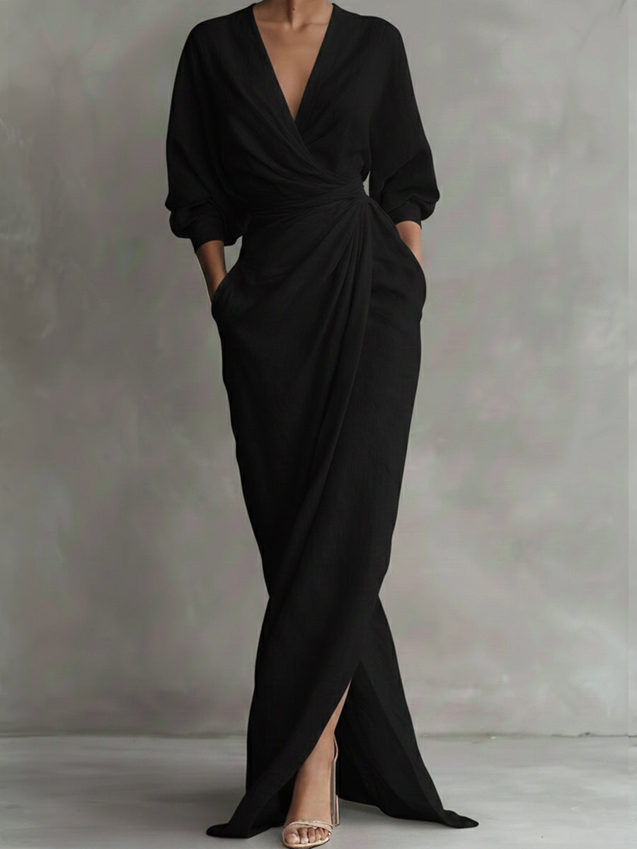 Women's Maxi Dress Linen Wrap V-Neck Long Sleeve Evening