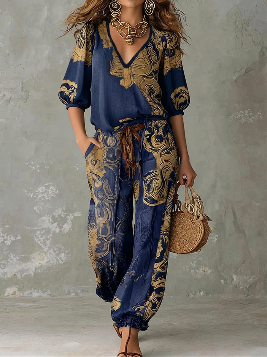 Women's Matching Set Linen Retro Printed V Neck Half Sleeve Everyday Casual