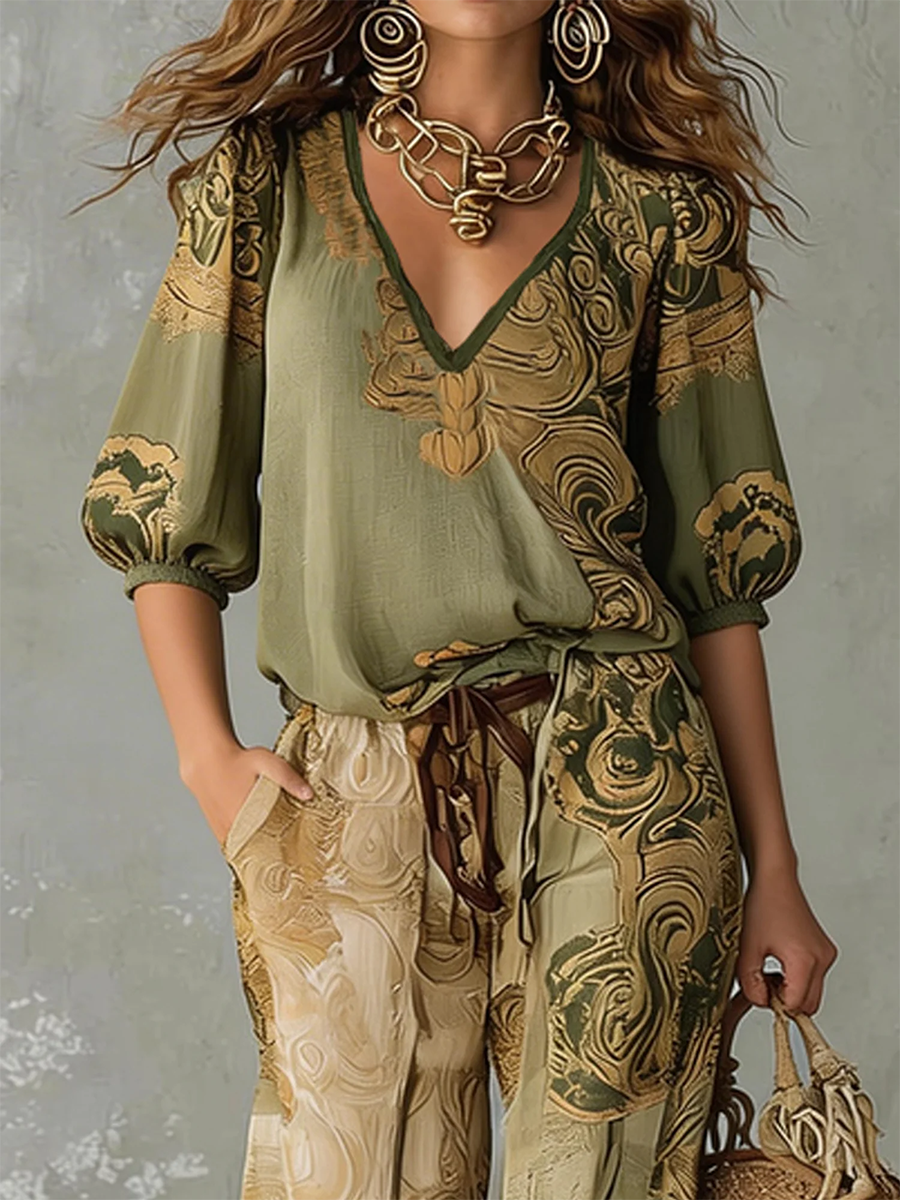 Women's Matching Set Linen Retro Printed V Neck Half Sleeve Everyday Casual