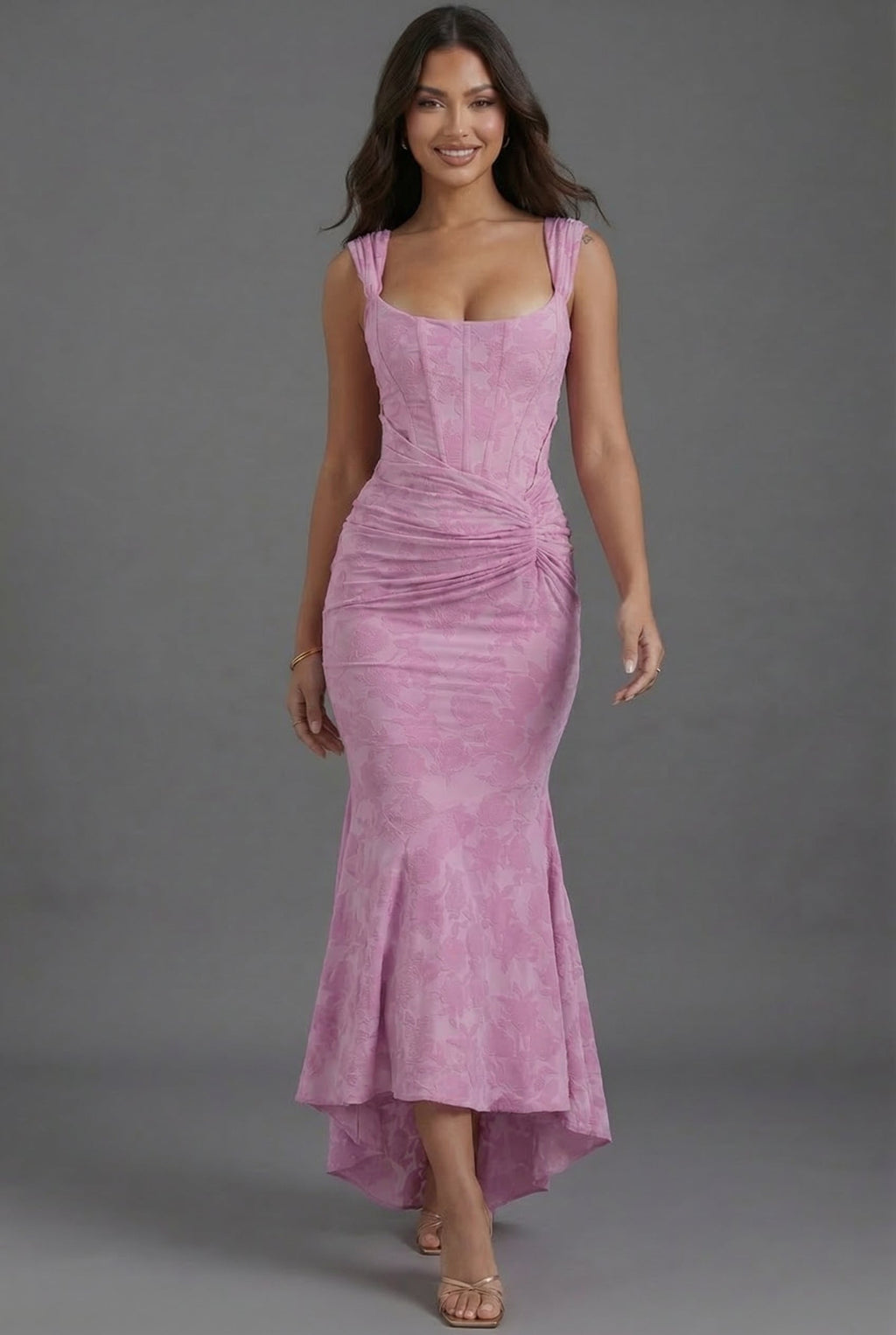 Floral Corset Fishtail Maxi Dress Ruched Waist High-Low Hem Formal Wedding Guest Gown