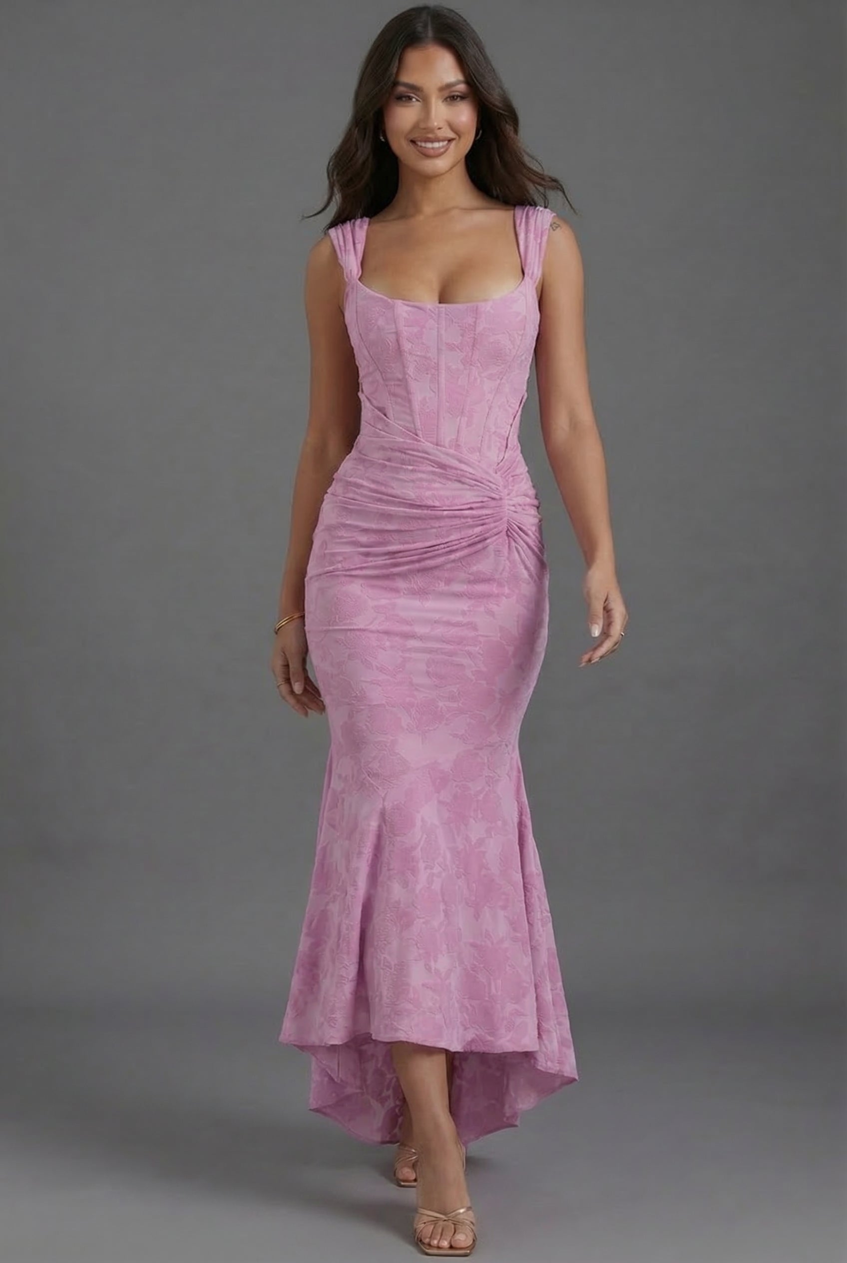 Floral Corset Fishtail Maxi Dress Ruched Waist High-Low Hem Formal Wedding Guest Gown