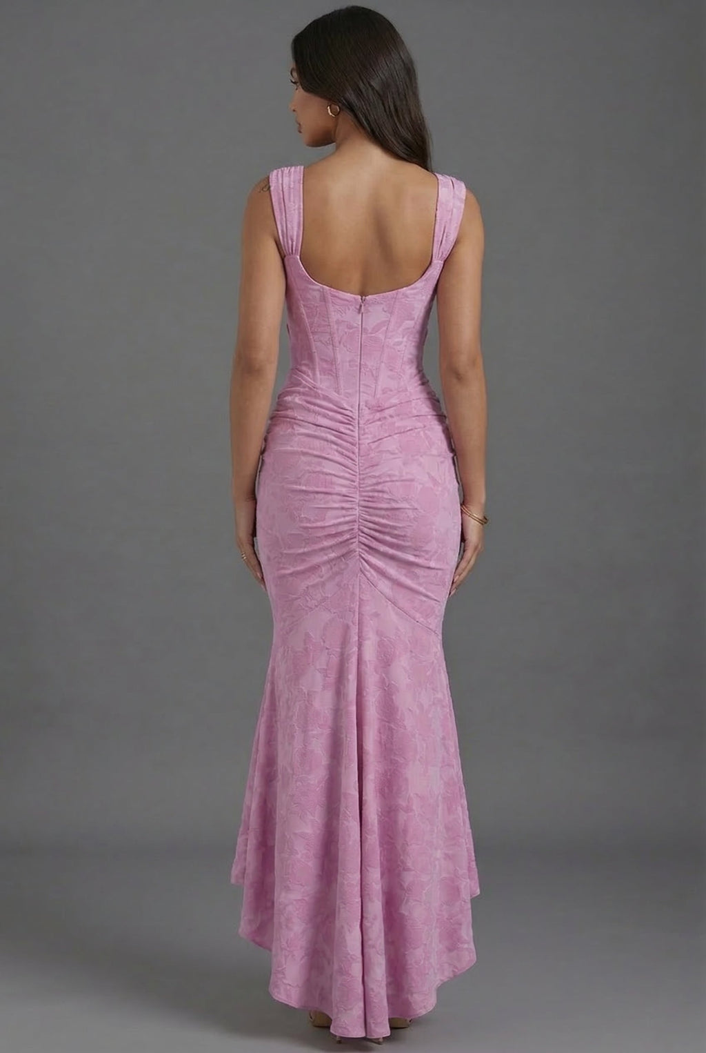 Floral Corset Fishtail Maxi Dress Ruched Waist High-Low Hem Formal Wedding Guest Gown