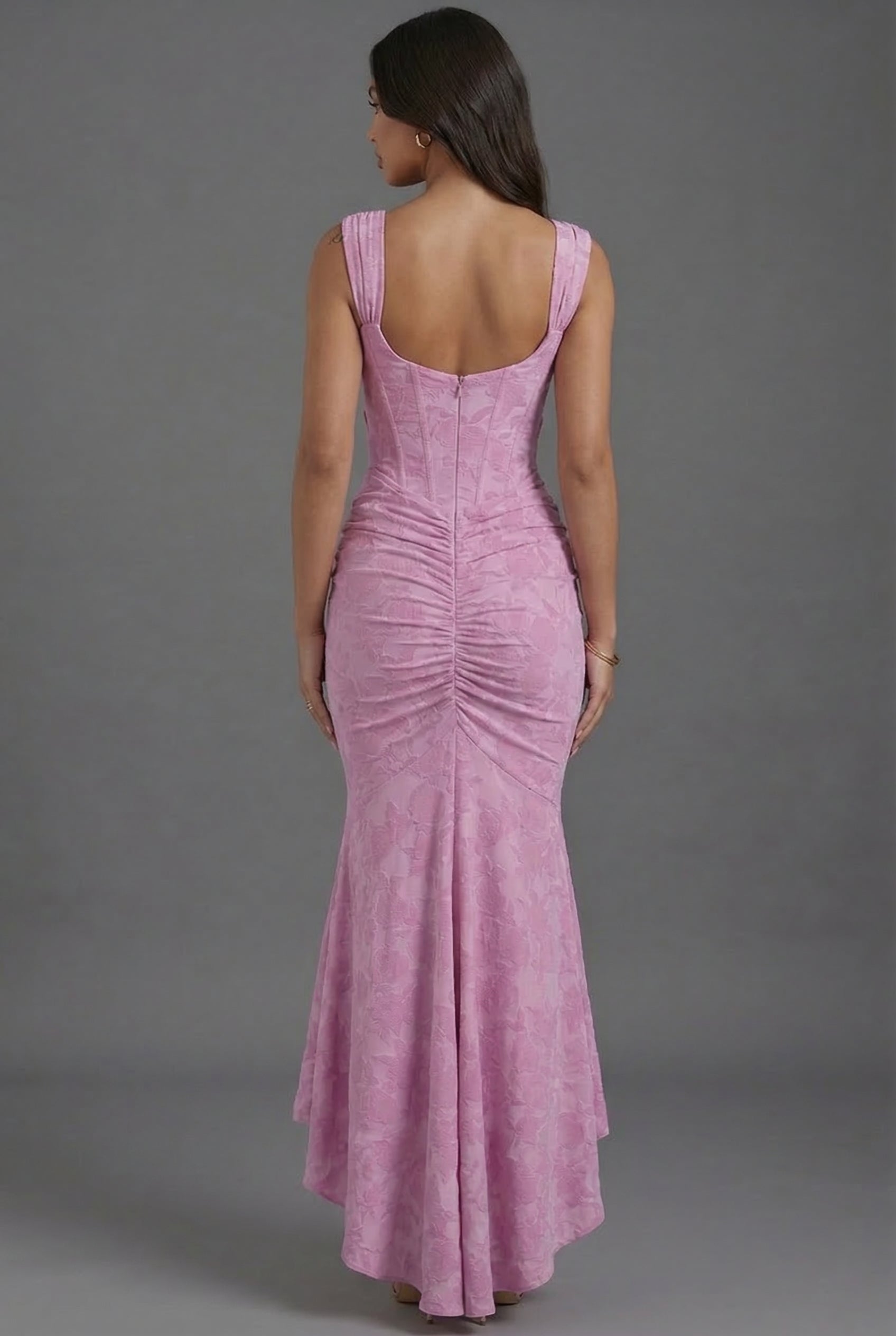 Floral Corset Fishtail Maxi Dress Ruched Waist High-Low Hem Formal Wedding Guest Gown