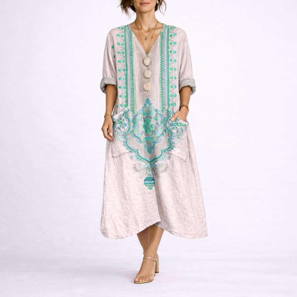 Printed V-Neck Maxi Kaftan Dress