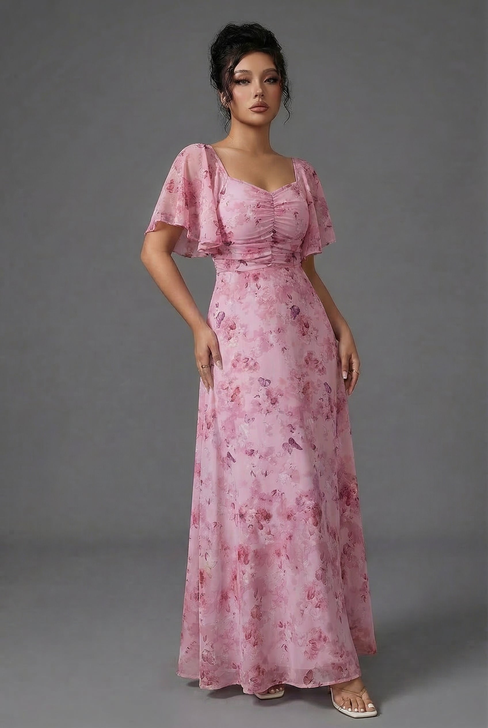 Floral Maxi Dress Flutter Sleeve Sweetheart Neck Ruched Chiffon Wedding Guest Gown