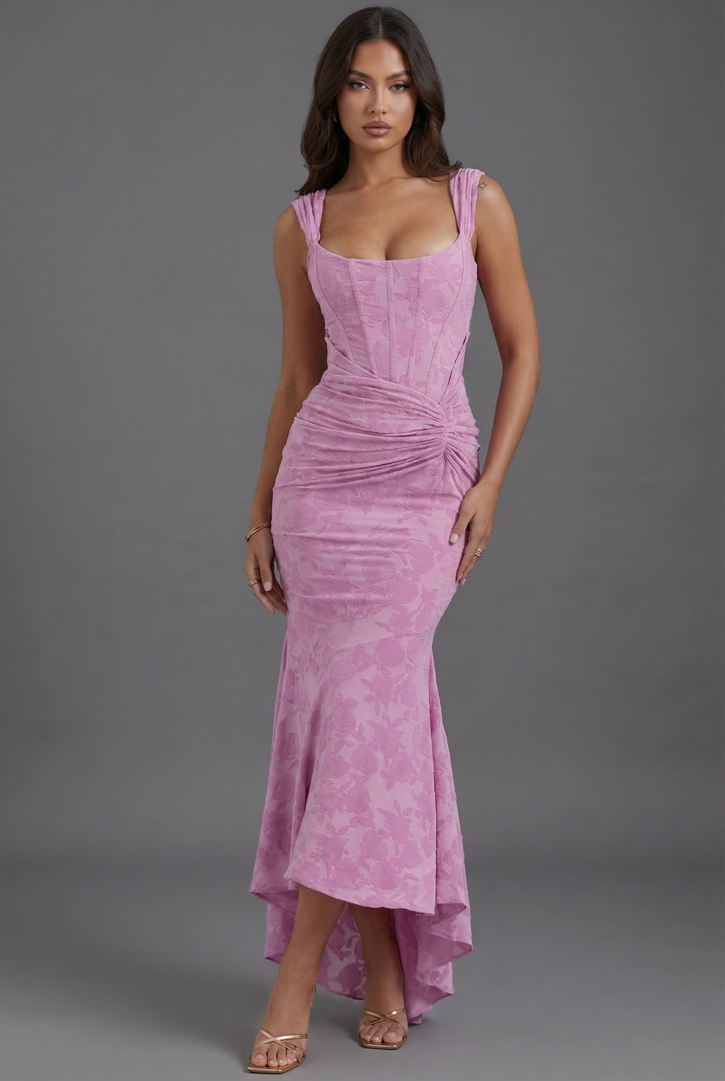 Floral Corset Fishtail Maxi Dress Ruched Waist High-Low Hem Formal Wedding Guest Gown