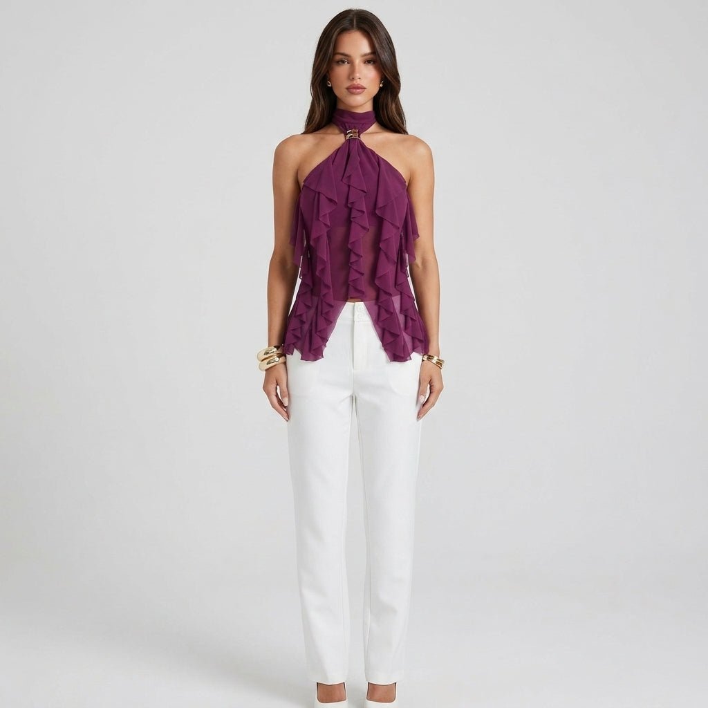 Women's ruffle halter top | sleeveless cascading blouse for formal wear