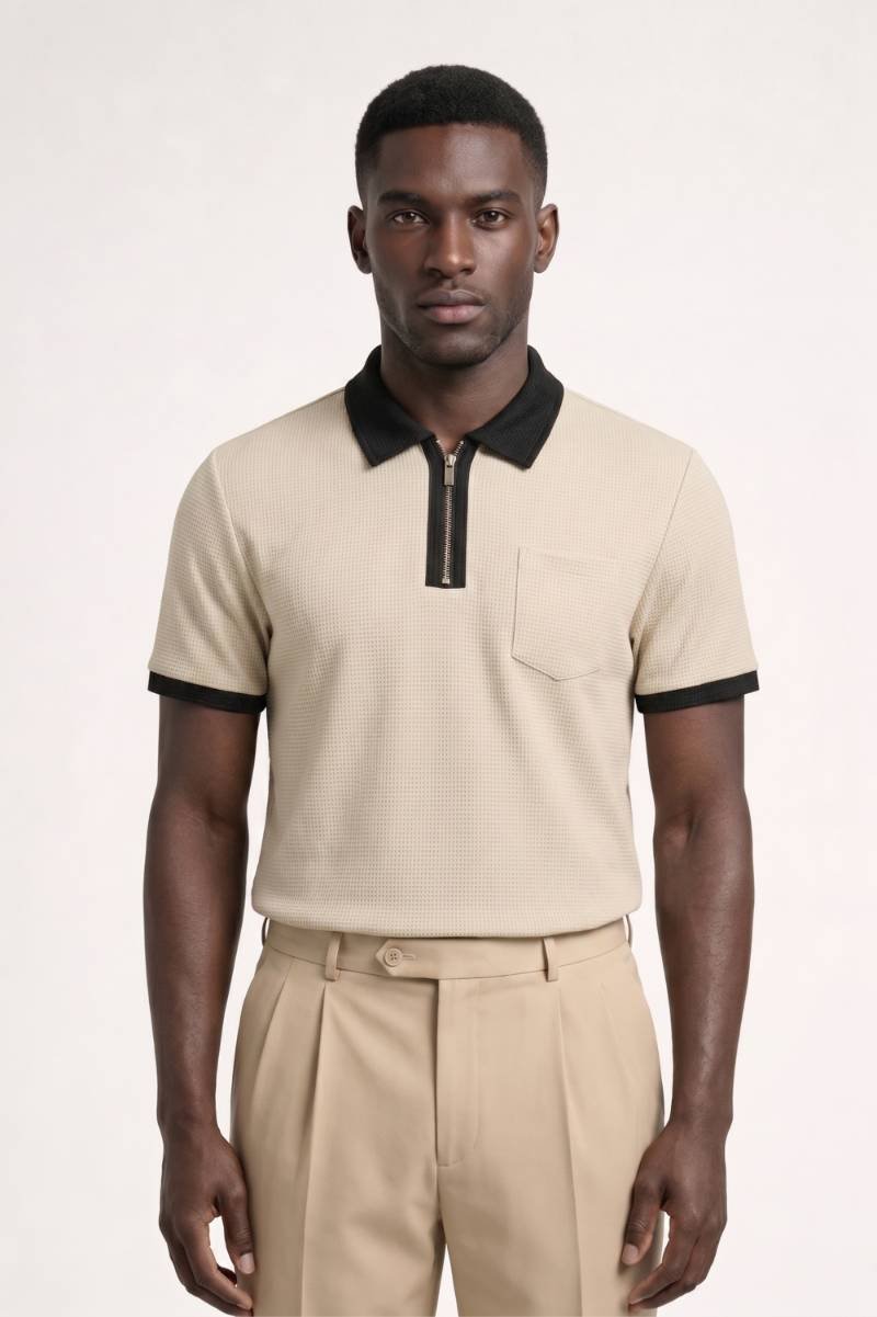 Sporty men's polo — front zipper textured fit — casual daily wear