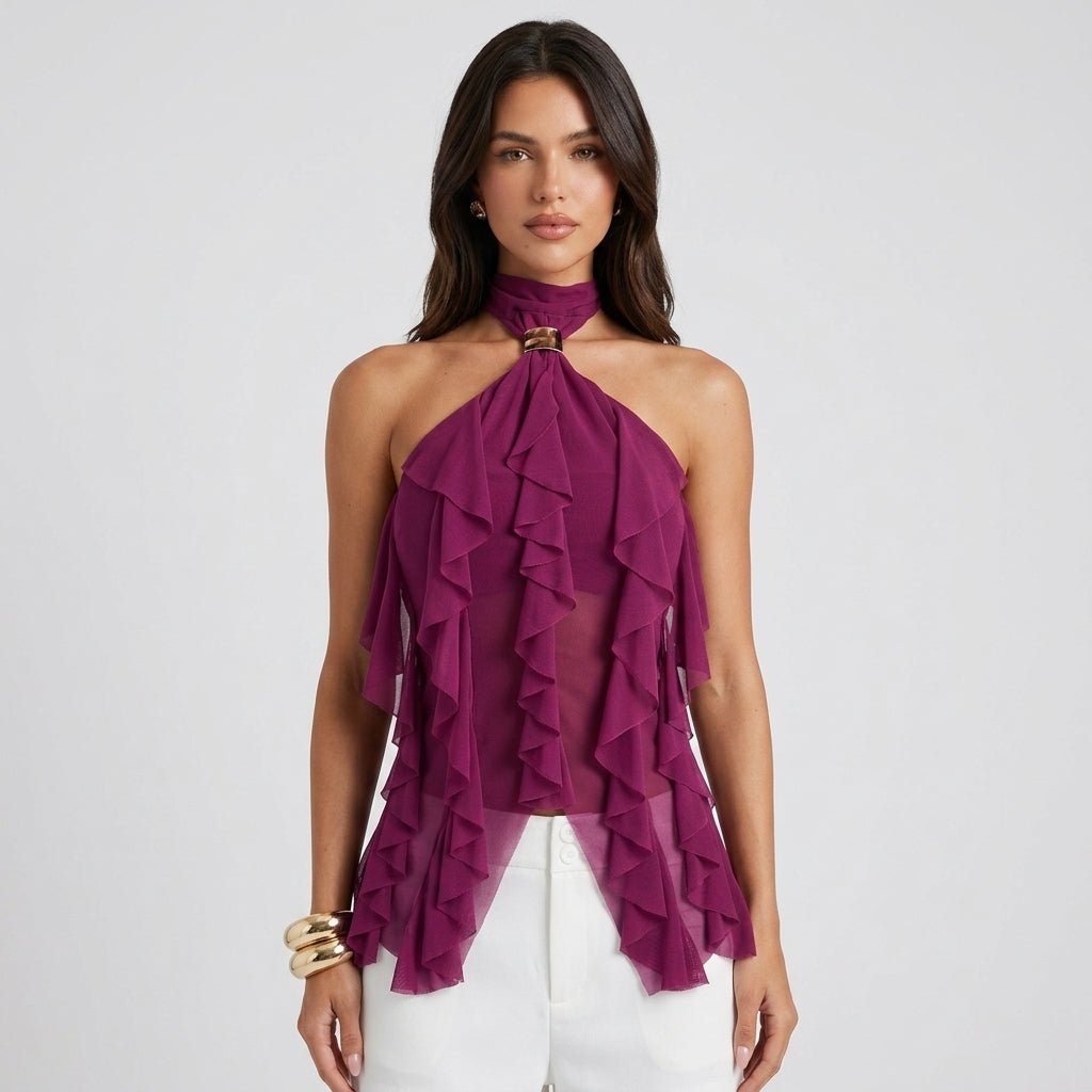 Women's ruffle halter top | sleeveless cascading blouse for formal wear