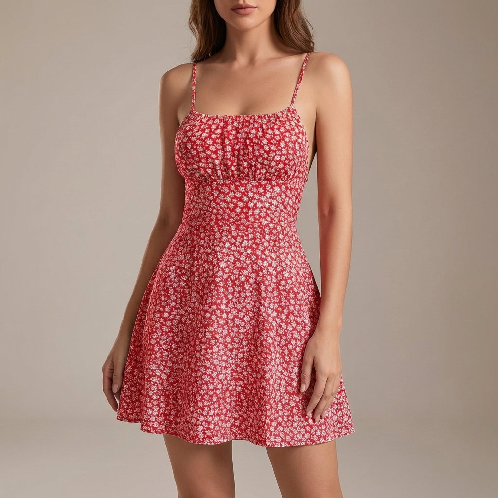 Daisy Print A-Line Mini Dress Spaghetti Strap Ruched Bust Casual Sun Dress