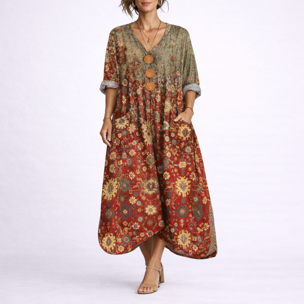 Printed V-Neck Maxi Kaftan Dress