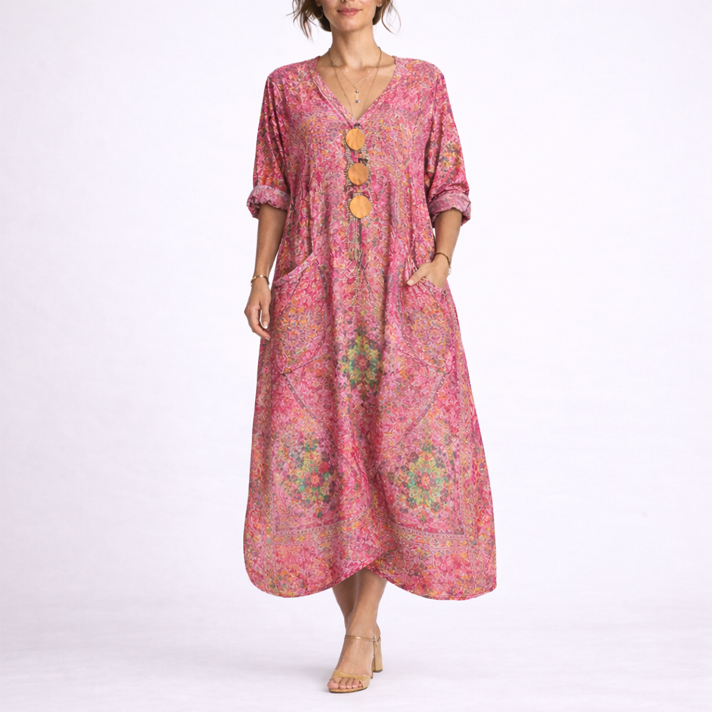 Printed V-Neck Maxi Kaftan Dress