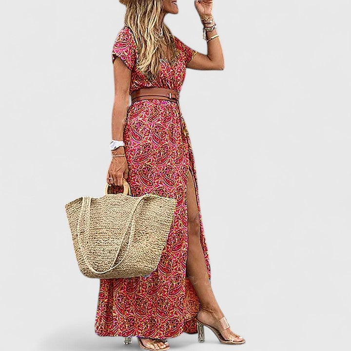 Women's V-Neck Boho Maxi Dress Short Sleeve Side Slit Flowing Floral Holiday Gown