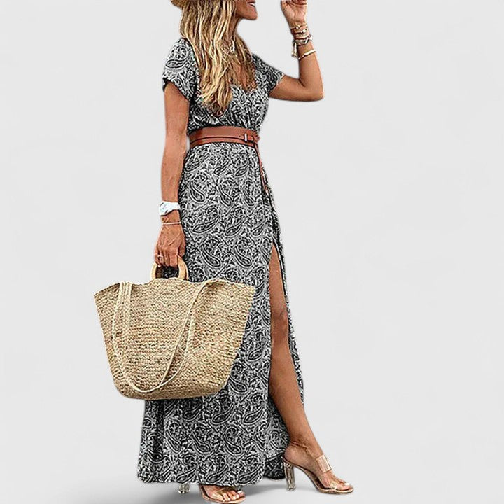 Women's V-Neck Boho Maxi Dress Short Sleeve Side Slit Flowing Floral Holiday Gown