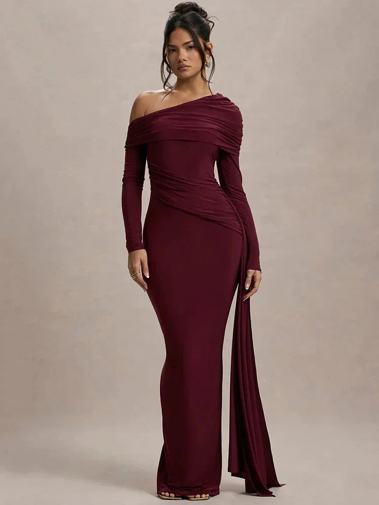 Off-shoulder maxi dress | Long sleeve gown with train