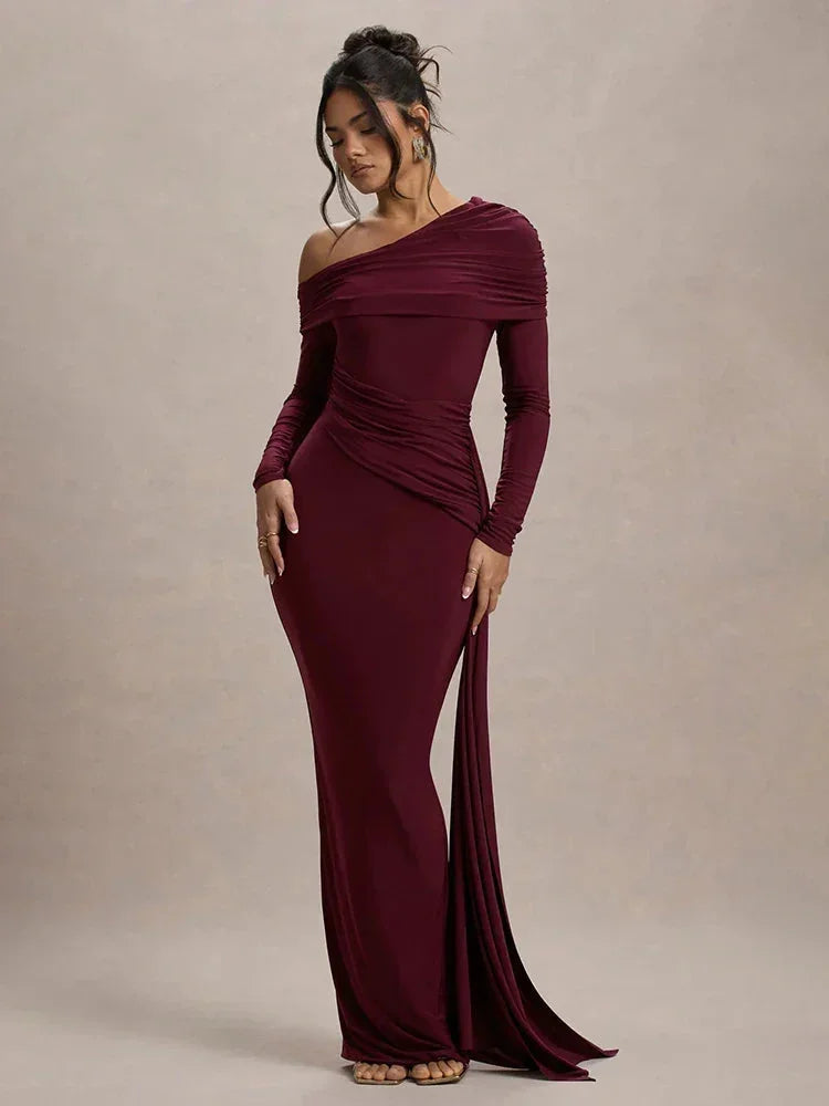 Off-shoulder maxi dress | Long sleeve gown with train
