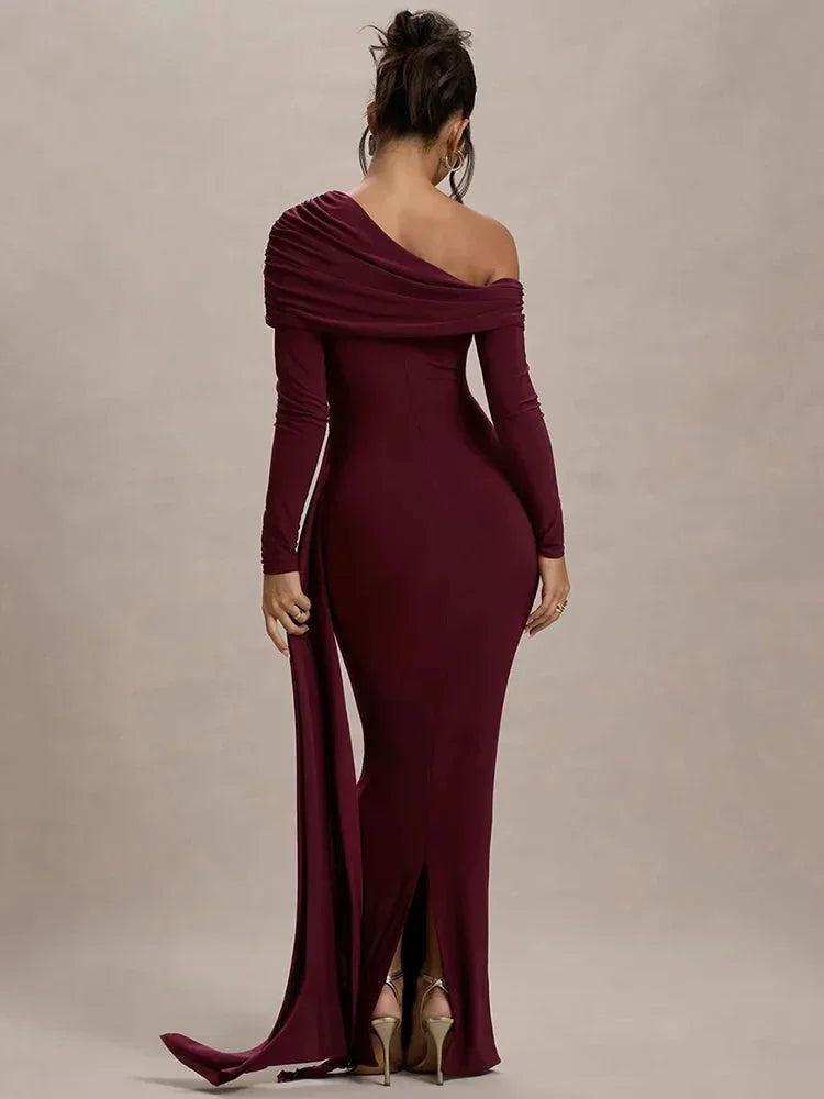 Off-shoulder maxi dress | Long sleeve gown with train
