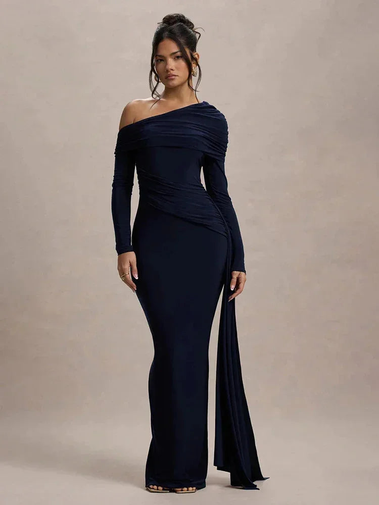 Off-shoulder maxi dress | Long sleeve gown with train