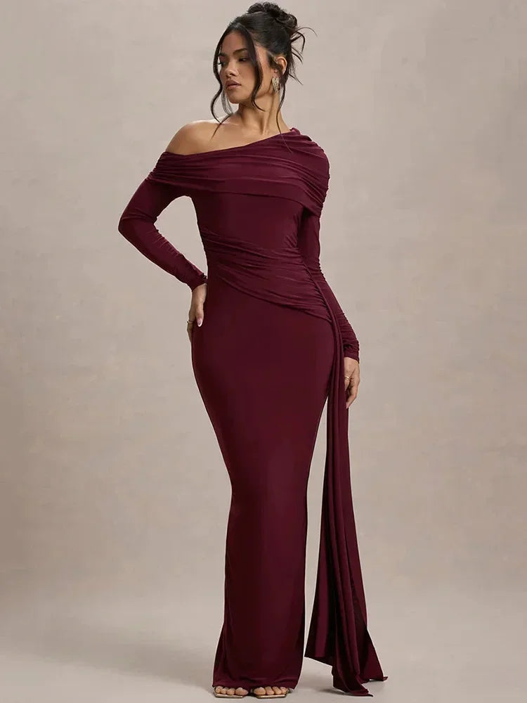 Off-shoulder maxi dress | Long sleeve gown with train