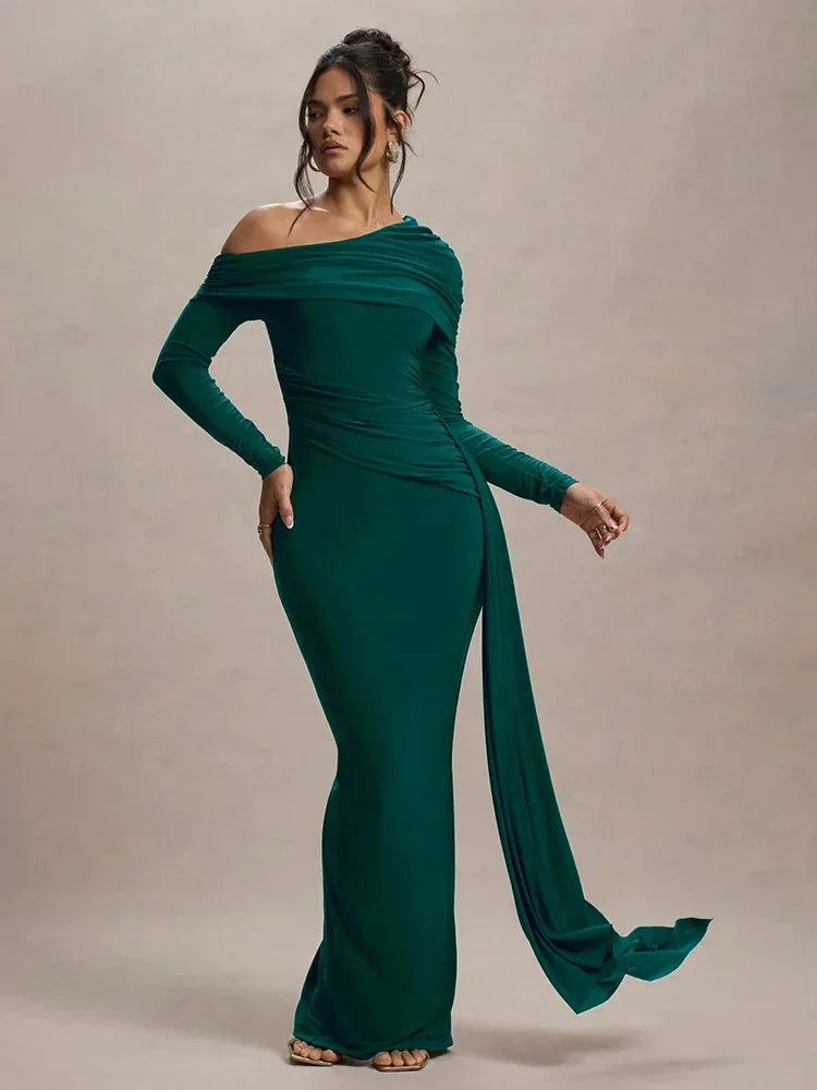 Off-shoulder maxi dress | Long sleeve gown with train