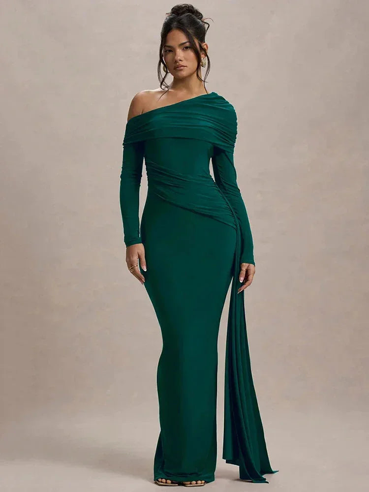 Off-shoulder maxi dress | Long sleeve gown with train