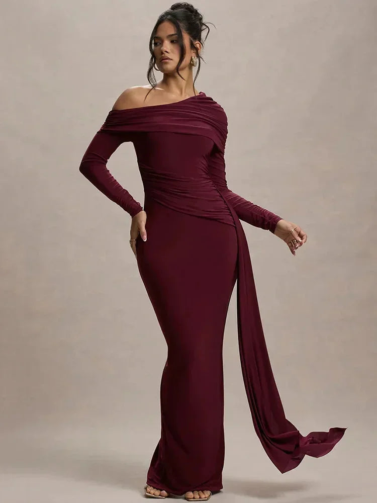 Off-shoulder maxi dress | Long sleeve gown with train