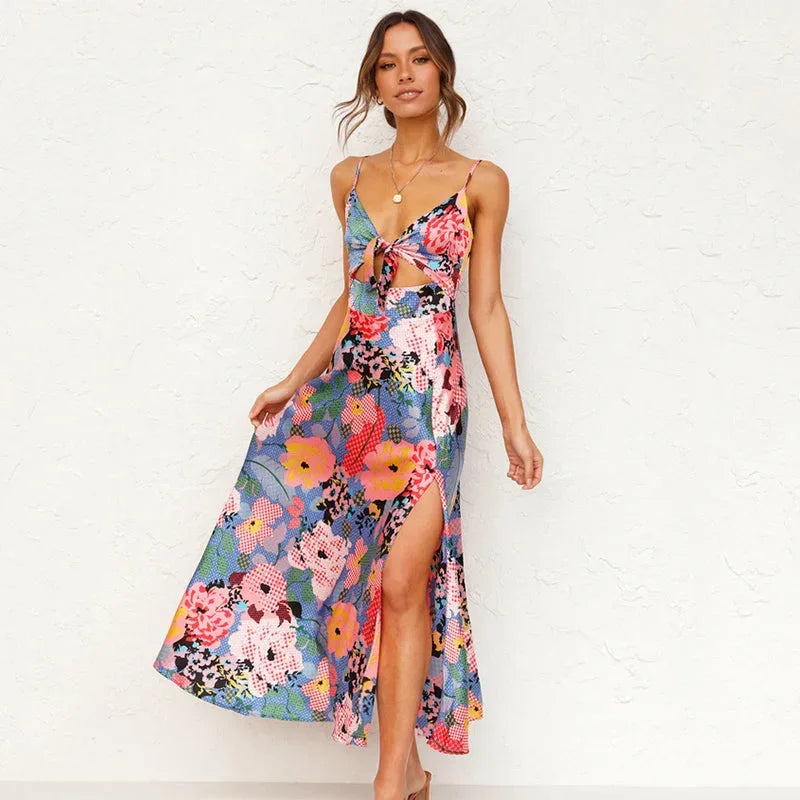 Tie-strap open back maxi dress | Floral summer vacation gown