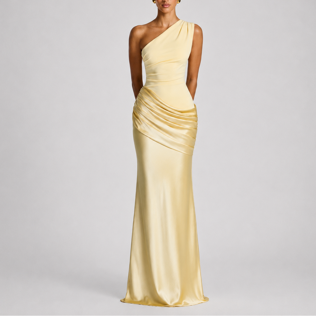 One Shoulder Draped Satin Maxi Dress