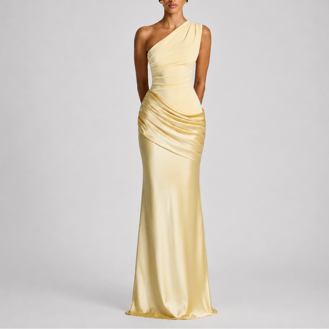 One Shoulder Draped Satin Maxi Dress