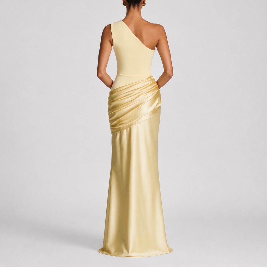 One Shoulder Draped Satin Maxi Dress