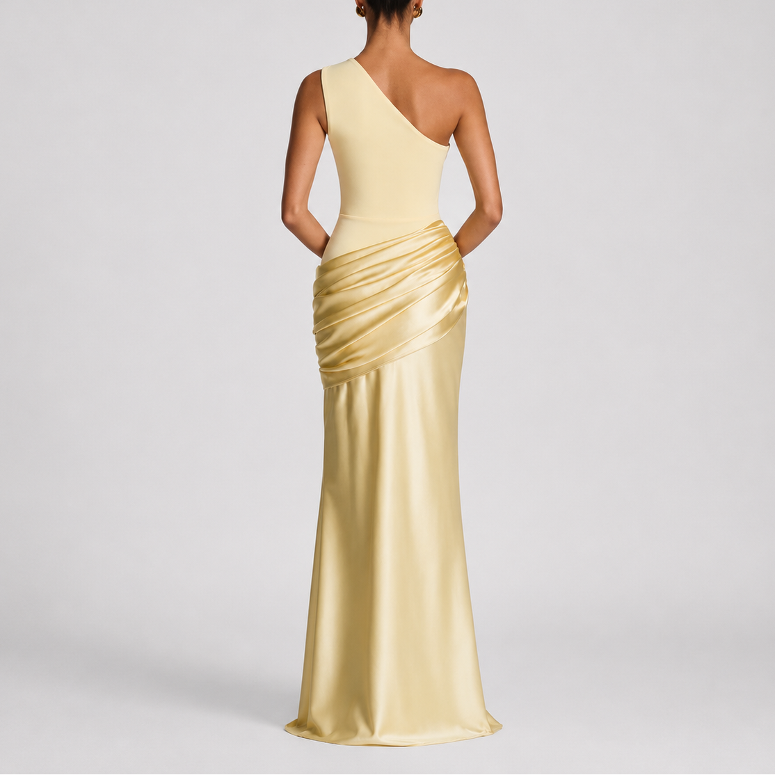 One Shoulder Draped Satin Maxi Dress