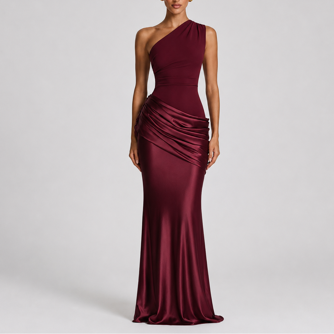 One Shoulder Draped Satin Maxi Dress