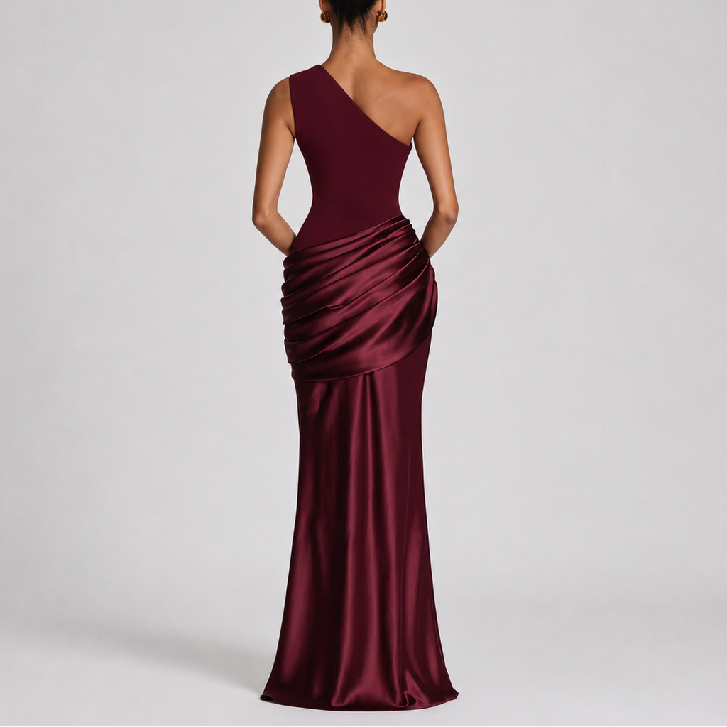 One Shoulder Draped Satin Maxi Dress