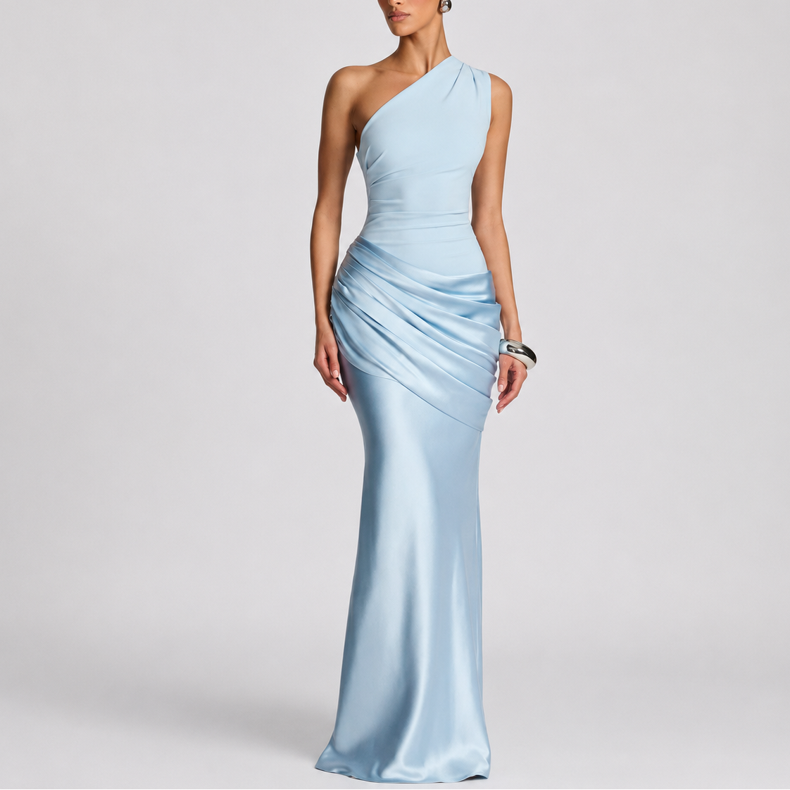 One Shoulder Draped Satin Maxi Dress