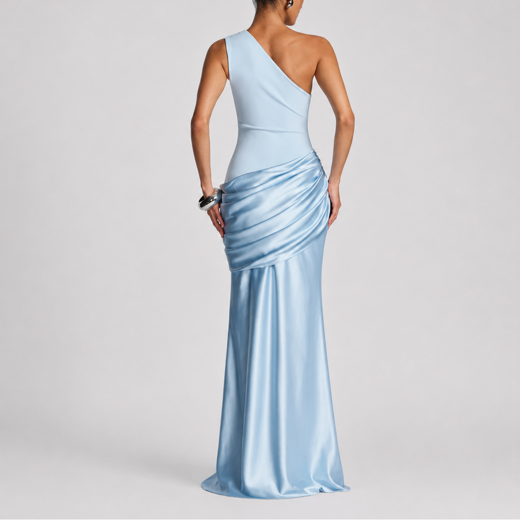 One Shoulder Draped Satin Maxi Dress
