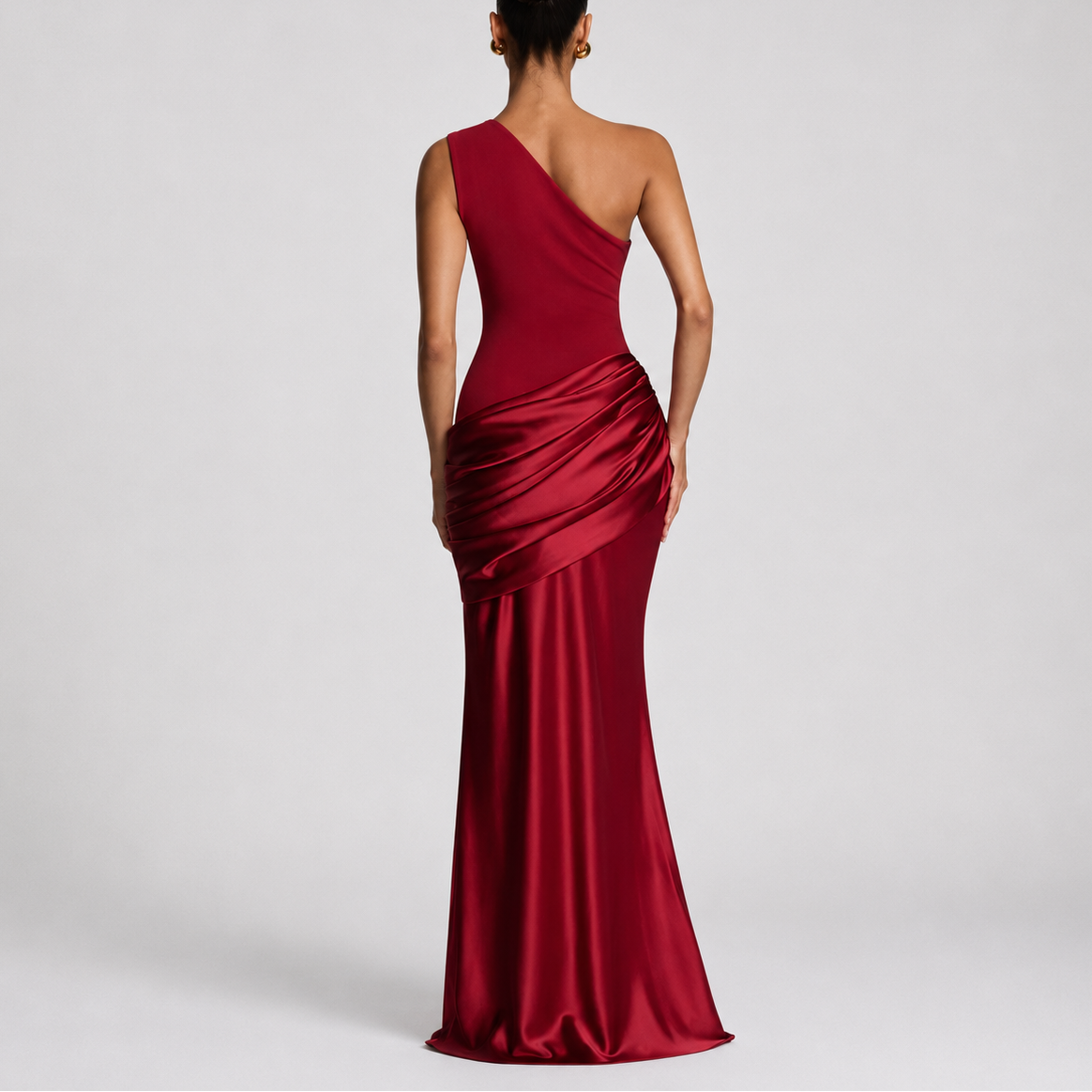 One Shoulder Draped Satin Maxi Dress