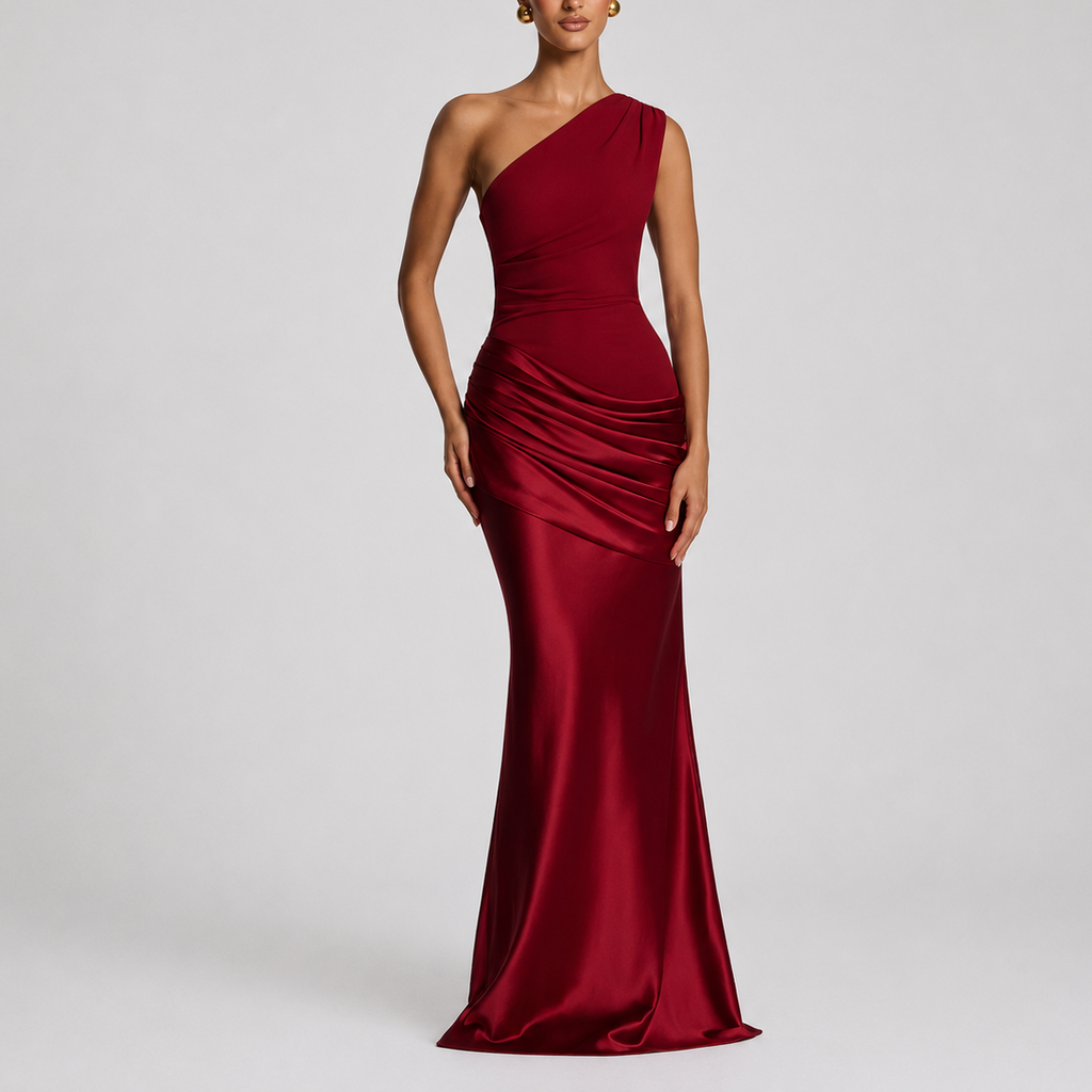 One Shoulder Draped Satin Maxi Dress