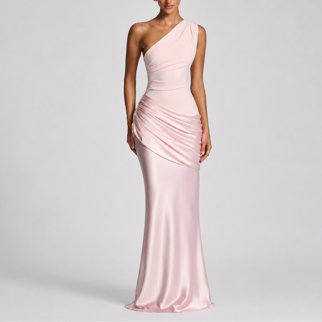 One Shoulder Draped Satin Maxi Dress