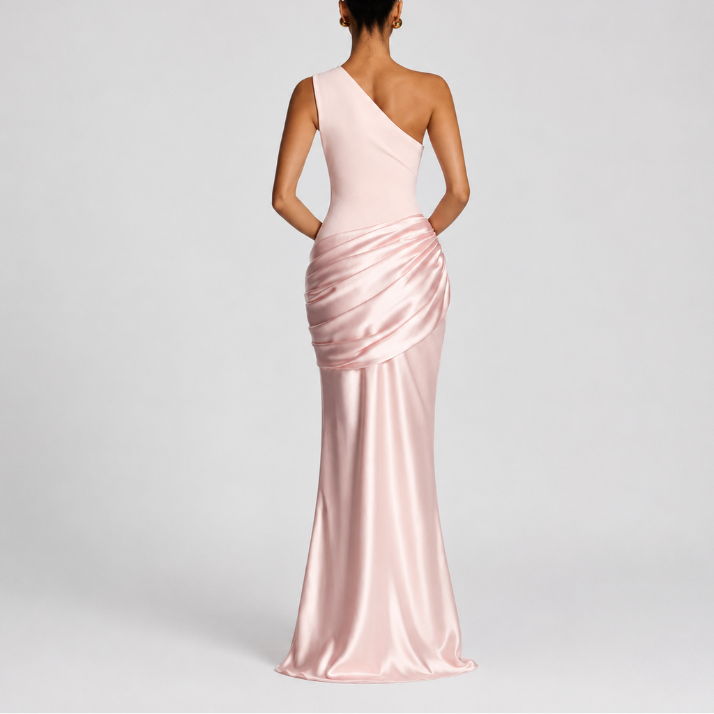 One Shoulder Draped Satin Maxi Dress