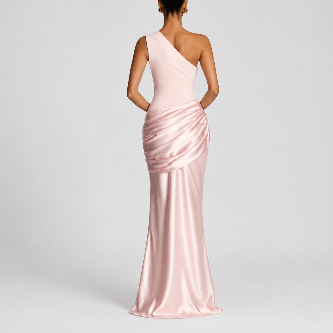 One Shoulder Draped Satin Maxi Dress
