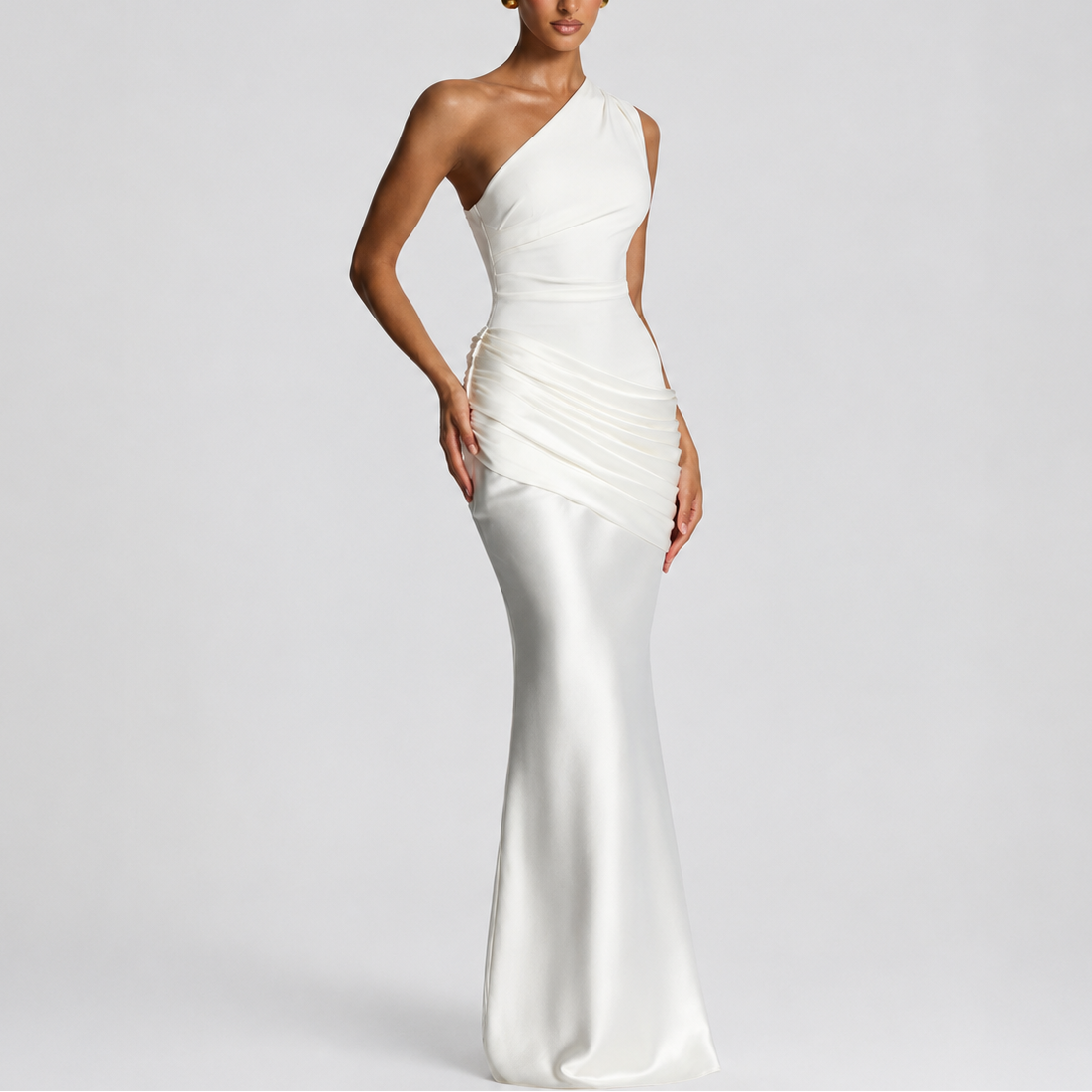 One Shoulder Draped Satin Maxi Dress