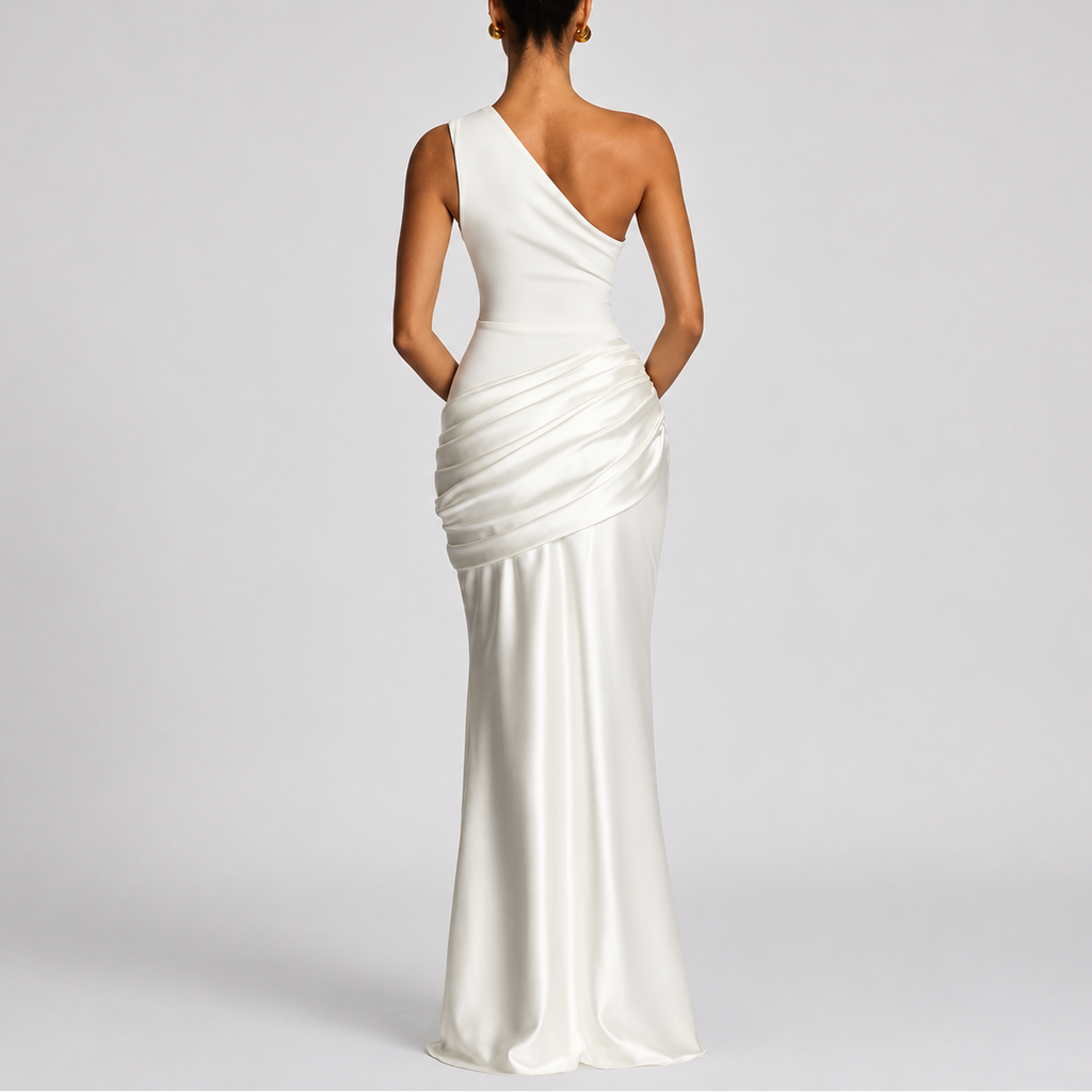 One Shoulder Draped Satin Maxi Dress