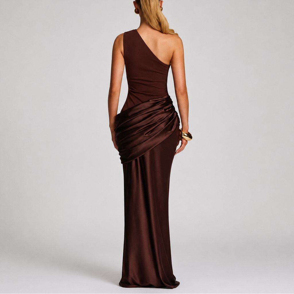 One Shoulder Draped Satin Maxi Dress