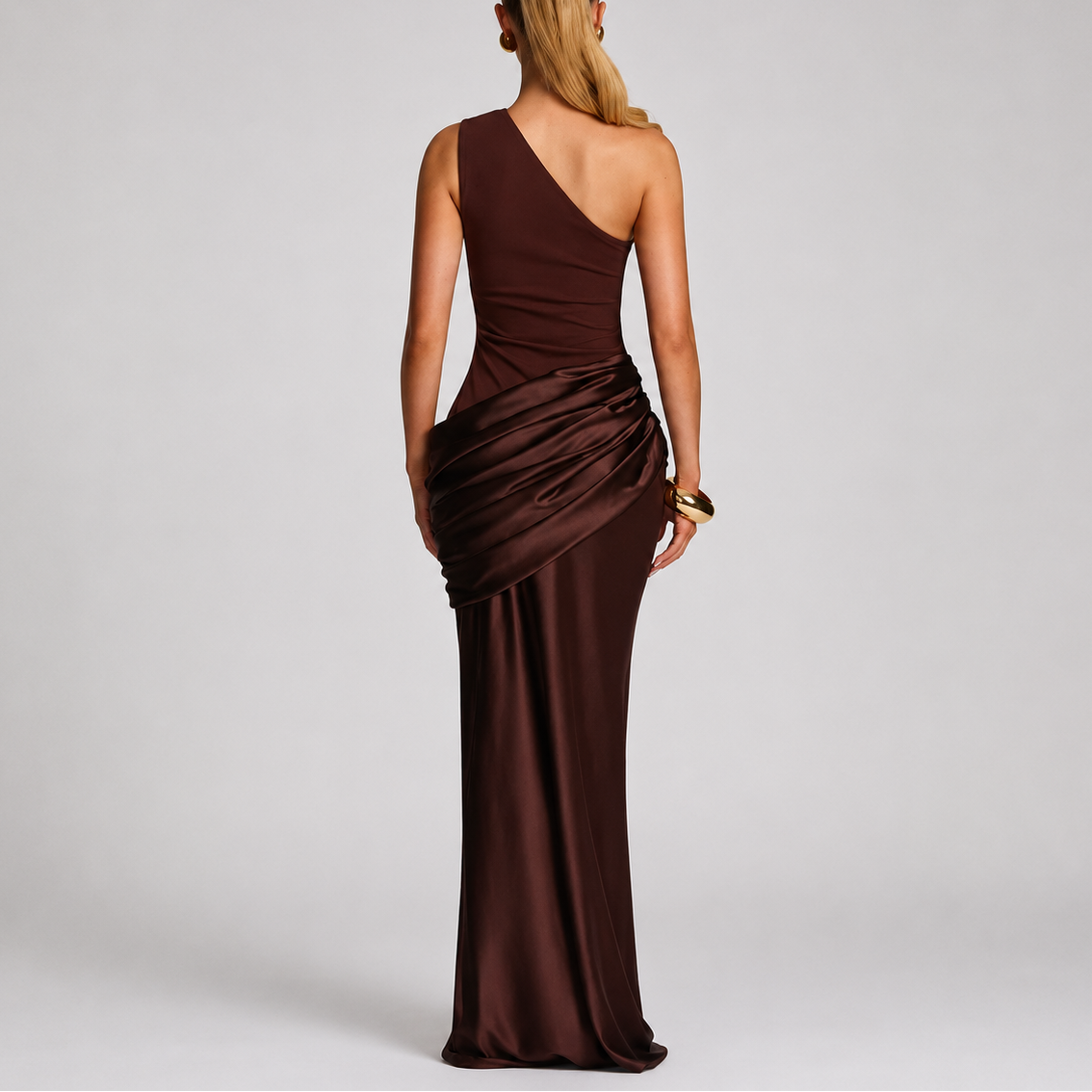 One Shoulder Draped Satin Maxi Dress