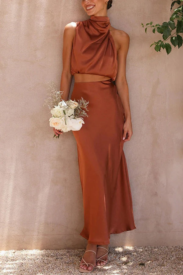 Women's halter neck two-piece set | flowing maxi skirt for formal events