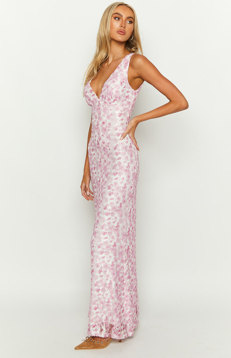 Sleeveless V-Neck Floral Jacquard Maxi Dress with Fishtail Hem Wedding Guest Gown