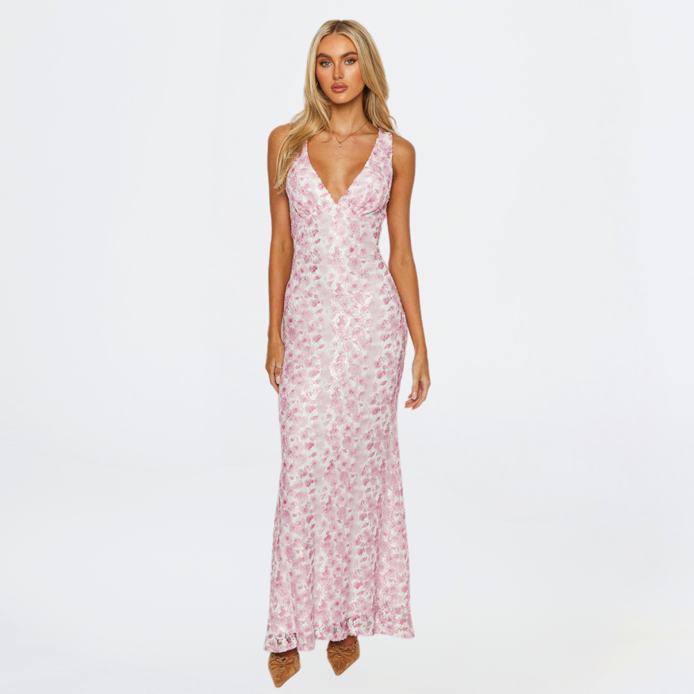 Sleeveless V-Neck Floral Jacquard Maxi Dress with Fishtail Hem Wedding Guest Gown