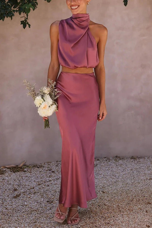 Women's halter neck two-piece set | flowing maxi skirt for formal events