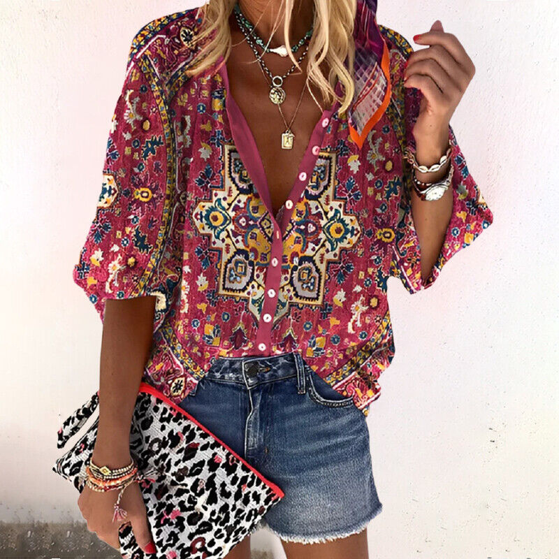 Women's boho print blouse - button down V-neck summer evenings